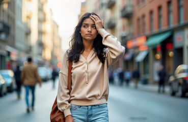 Obraz premium Young woman walks city street feeling concerned. Urban setting. Thoughtful expression, touches head. Lifestyle photo. Modern urban lifestyle. Street scene. Young adult. Indian woman girl. Sad,