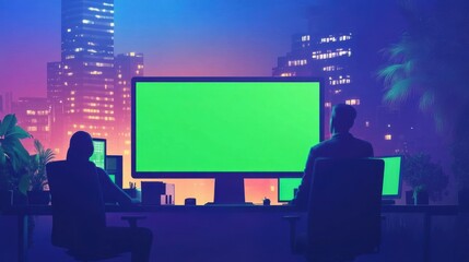 Obraz premium Computer, green screen and night with business people in office together for overtime deadline. Back, design and mockup space with employee or designer team in workplace for evening