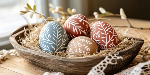 A rustic wooden bowl filled with intricately decorated Easter eggs in pastel shades of blue, brown, and red, surrounded by straw and vibrant foliage, creates a delightful springtime display
