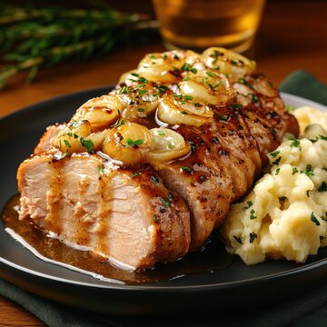 Sizzling roast pork with garlic sauce gourmet kitchen food cozy dining atmosphere close-up view culinary delight