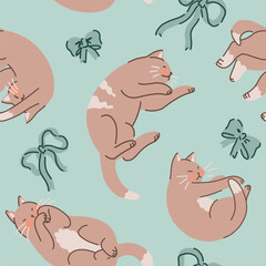 Seamless pattern of cute sleeping cats and bows. Pet animals, kitten ornament. Flat vector illustration.