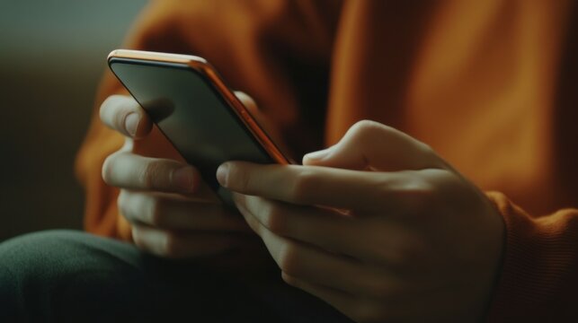 Man, hands and typing with phone screen for online browsing, communication or social media. Closeup, male person or user scrolling with mobile smartphone on website or app for texting or research