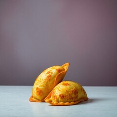 Two crispy fried empanadas on a table, isolated.