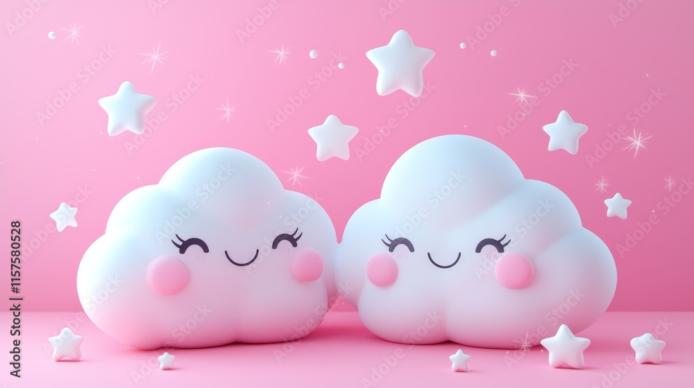 Poster Cheerful fluffy clouds with friendly smiles surrounded by sparkling stars in a playful pink setting during daytime