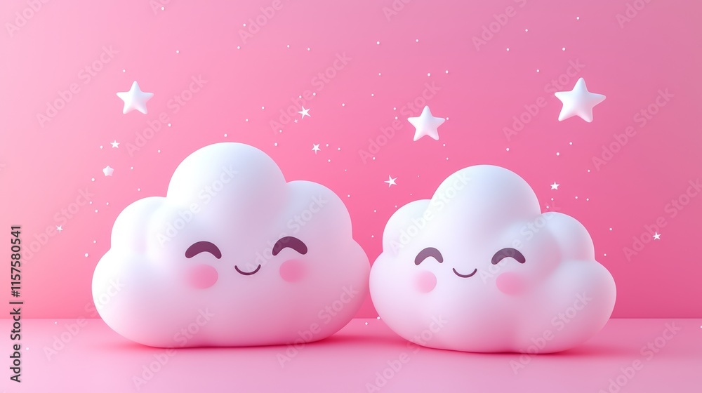 Poster Puffy clouds smile joyfully against a soft pink backdrop filled with twinkling stars, creating a whimsical and cheerful atmosphere