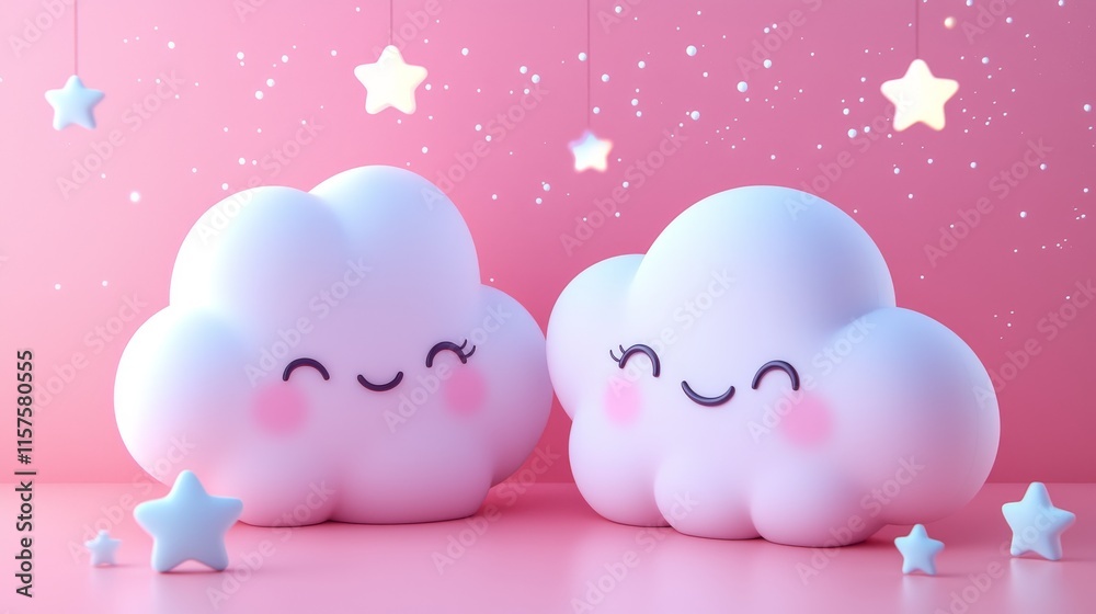 Poster adorable smiling clouds rest peacefully on a soft pink background, surrounded by twinkling stars and