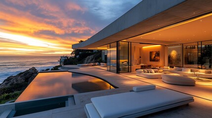 Modern cliffside home with infinity pool at sunset. (1)