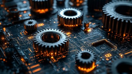 A vibrant, modern workplace where professionals engage with advanced tech and optimized processes, featuring icons of productivity and growth like charts and gears. Stock.