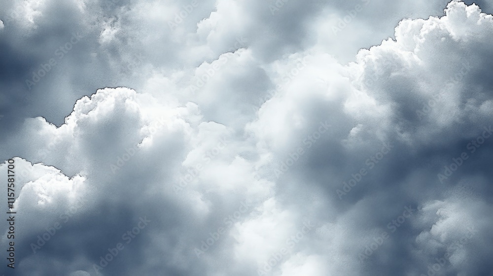 Poster Fluffy white clouds swirl in a dynamic sky during a serene afternoon, creating a canvas of changing shapes and shades