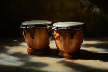 Two wooden bongo drums on stage