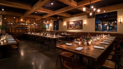 Cozy Modern Restaurant Interior with Warm Lighting and Wood Accents
