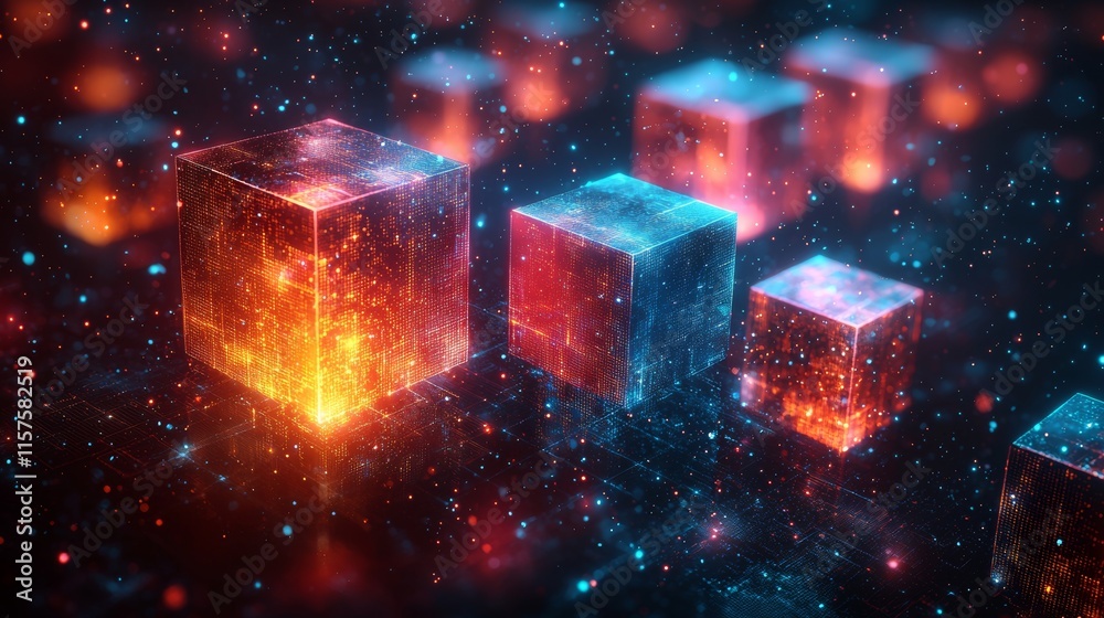 Poster concept of futuristic technology network connection using digital cubes and blocks in the metaverse.