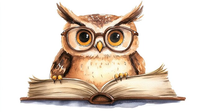 A watercolor artwork in PNG format of a charming owl with glasses reading a book, isolated on a clear background 