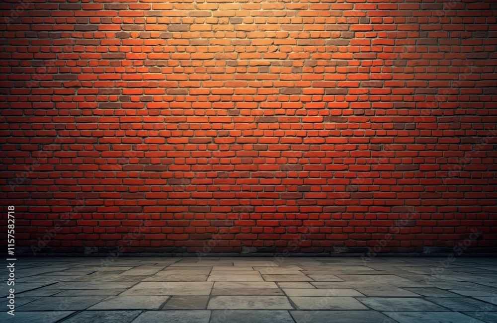 Poster empty room with old red brick wall and stone floor. wide panorama of textured masonry. vintage urban