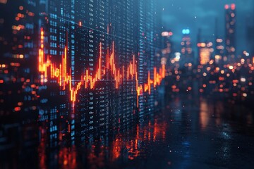 Obraz premium A dark, futuristic scene showcasing financial data analysis with glowing line graphs and charts, all against a softly blurred background.