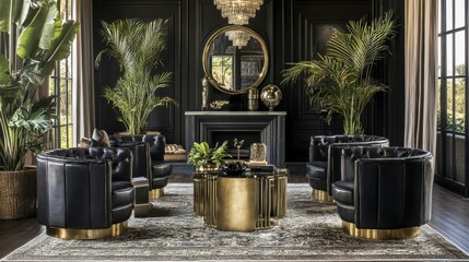 Obraz premium Elegant Living Room with Black and Gold Furniture and Tropical Decor