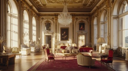 Fototapeta premium Elegant Vintage Living Room with Grand Chandelier and Antique Decor