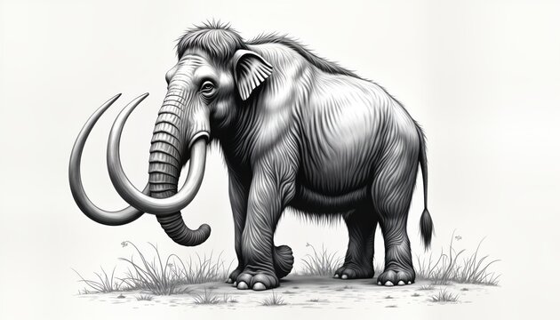 recommend clip art: Hand drawn illustration of mammoth prehistoric animal. Ancient creature stands on ground with grass. Detailed sketch style. Nature scene evokes ancient times. Perfect for history books, nature