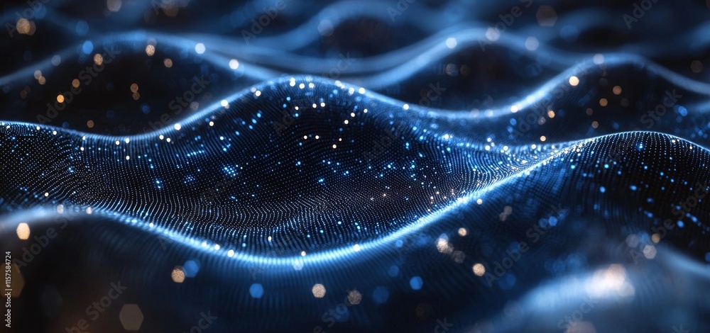 Poster abstract digital background in blue, featuring network lines and dots forming a dynamic pattern. a m