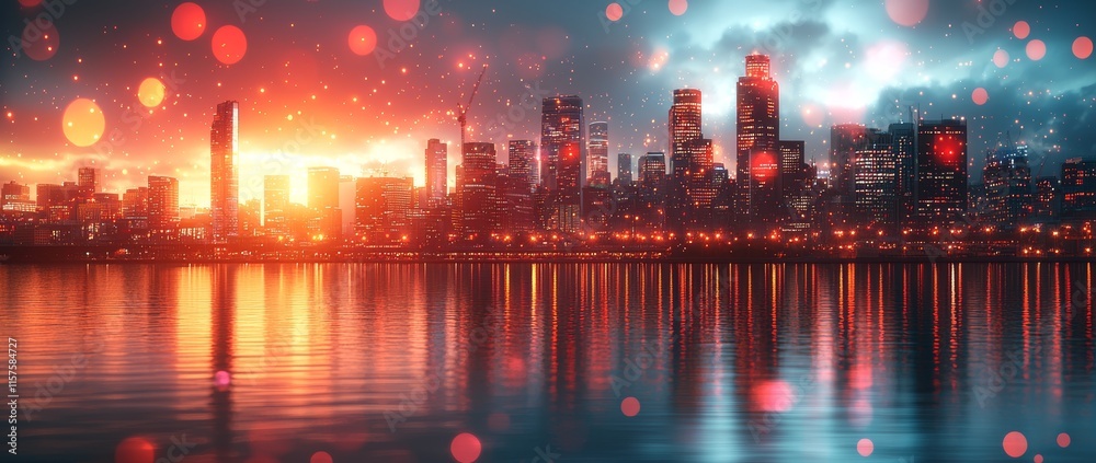 Poster a cutting-edge city skyline featuring abstract data visualizations and luminous elements symbolizing