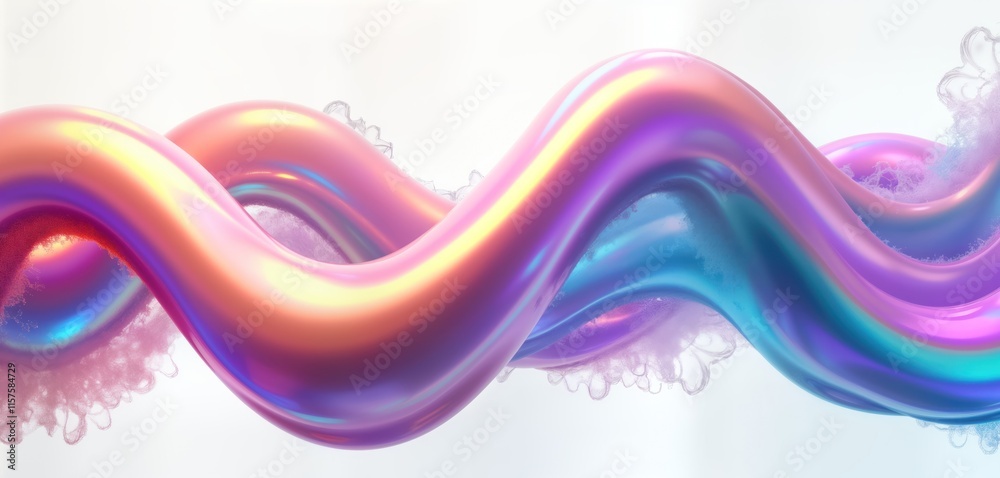 Aufkleber Abstract iridescent wave shape in 3D render. Multicolored flowing liquid-like lines create dynamic pattern. Holographic effect with gradient colors. Futuristic tech style. Trendy design element.