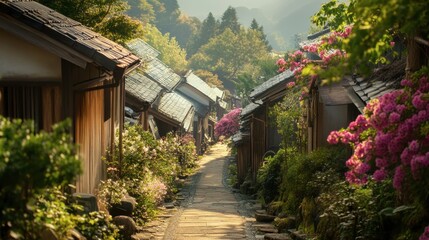 Tranquil Village Pathway Surrounded by Blooming Flowers and Trees
