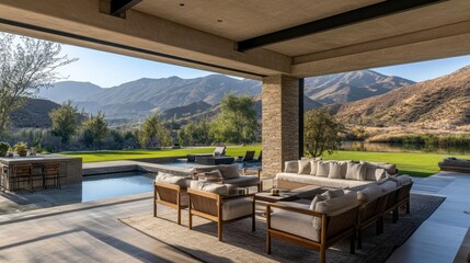 Obraz premium Modern Outdoor Living Space with Scenic Mountain View in Daylight