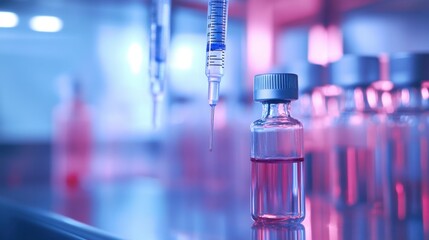 Vial with red liquid and syringe in a laboratory setting under blue and pink light