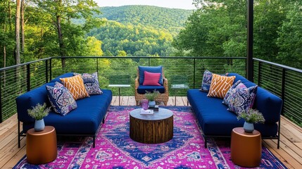 Cozy Outdoor Living Space with Scenic Mountain View and Colorful Decor