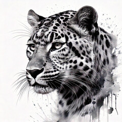 A fierce leopard, painted with sharp and flowing brushstrokes to capture its agility and spotted fur. The design is striking and sleek, in black ink on a clean white background