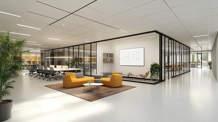 A multipurpose mock-up wall in a contemporary white open-plan office is perfect for design layouts and business presentations. 