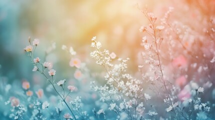 Soft focus wildflowers in a pastel field with glowing sunlight