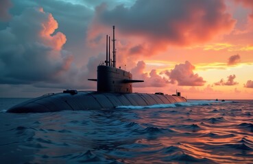 Powerful submarine sails in ocean during sunset. Colorful sky with clouds above water surface. Military vessel glides through water. Naval forces concept. Beautiful landscape of sea, sky. War tech.