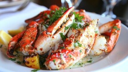 Deliciously Grilled Crab Platter with Fresh Herbs and Lemon Wedges