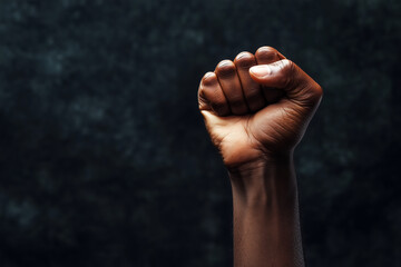  fist is raised in the air with the thumb pointing up. Concept of strength and determination