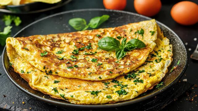 omelet in a plate on the table. Selective focus