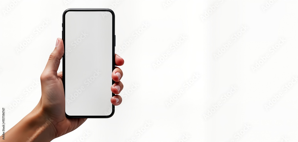 Aufkleber hand holds smartphone horizontally. blank screen displays. mobile phone mockup for video app ad. fem