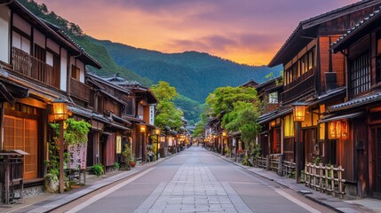 Fototapeta premium Serene Traditional Street in Japanese Village at Sunset Glow