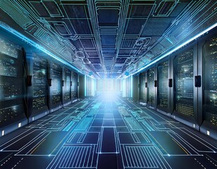 futuristic data center with high tech interface and digital patterns