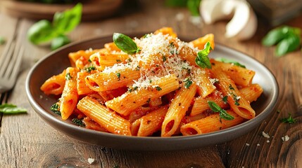 Delicious plate of spaghetti with parmesan cheese and herbs served on wooden table