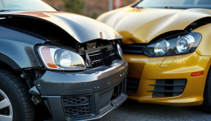 Two cars collided on road. Grey car, yellow car damaged front ends. Hoods open. Accident happened outdoors on roadway. Cars damaged from crash. Collision caused significant front-end damage. Scene