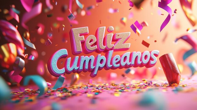 Feliz Cumpleanos: A Vibrant 3D Birthday Celebration with Confetti and Festive Colors