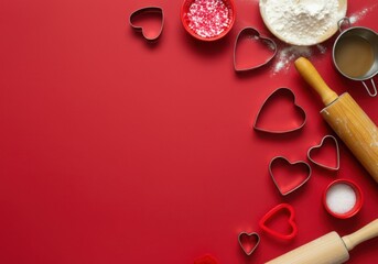 Ingredients and utensils for baking heart shaped cookies lie on a vibrant red background, creating a festive valentine's day scene