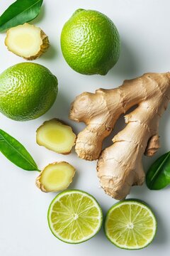 Fresh limes and ginger roots arranged on a light background for culinary inspiration