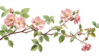 Obraz premium Delicate Pink Rose Branch: A watercolor illustration of a delicate pink rose branch with buds and leaves, offering a touch of vintage elegance and romantic charm. 