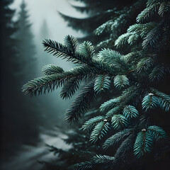Christmas banner design - Dense moody green pine, fir tree branches 
