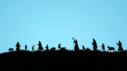 Christmas nativity scene black silhouette on blue background. Epiphany. Illustration