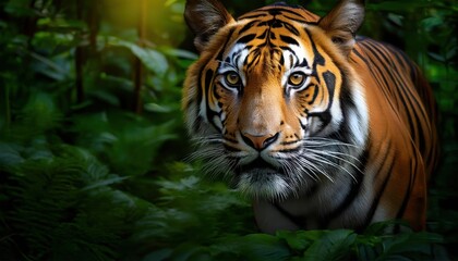 Fototapeta premium Tiger in a lush green forest staring intensely