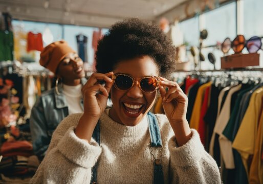 Young woman trying on sunglasses and having fun while shopping with a friend in a vintage clothing store