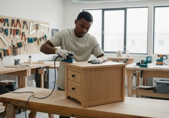 Carpenter carefully sanding wooden nightstand in his workshop, creating custom-made furniture with precision